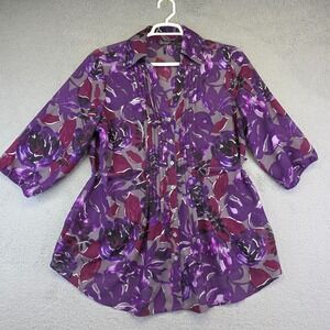 Daisy Fuentes Button Up Blouse Women‎ 1X Purple Boho Pleated Floral Sheer Resort